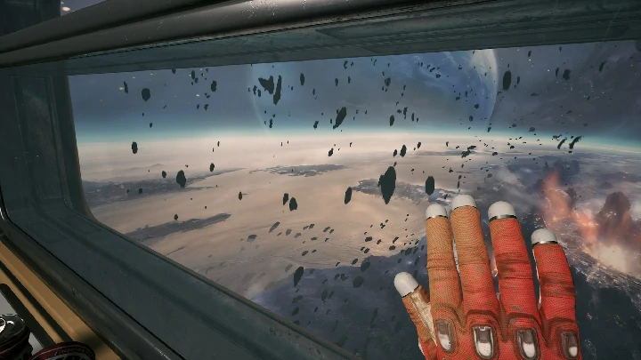 Breathedge 2 gameplay: a gloved hand against a train window, looking out over the floating ruins and asteroid debris above Outskirts