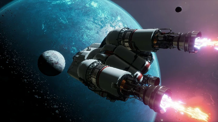 Breathedge 2 key art: the spaceship drifting past a planet, engines burning